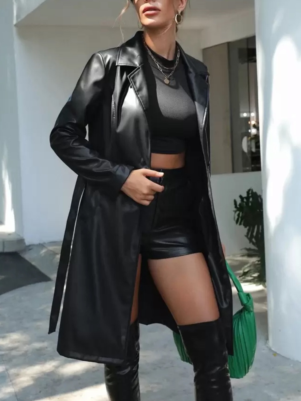 Lapel Collar Belted PU Trench Coat Fall Winter Cloth For Women